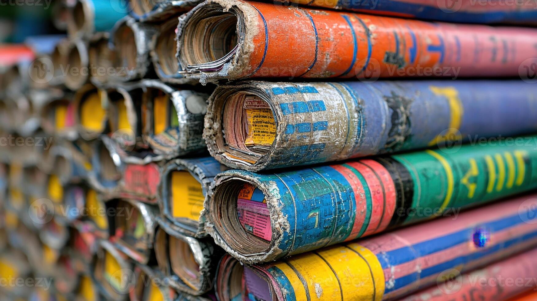 Colorful Rolled Books Stack Close Up View photo