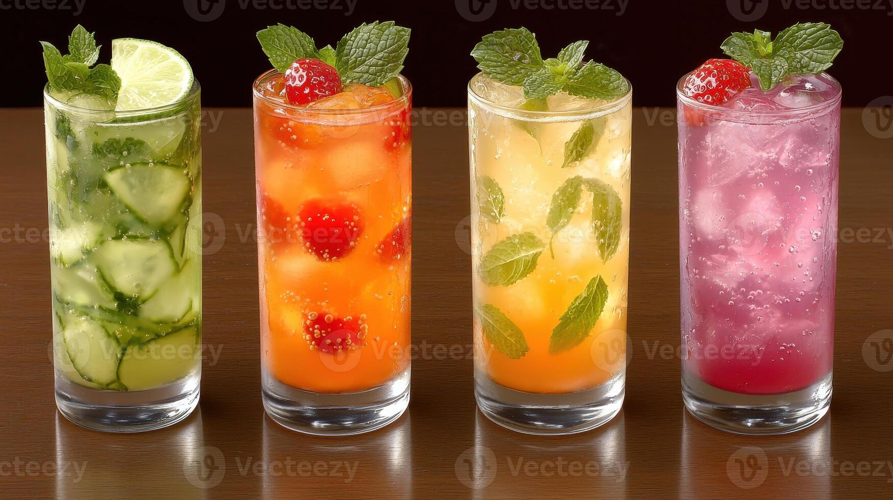 Four different colored drinks in glasses with mint leaves photo