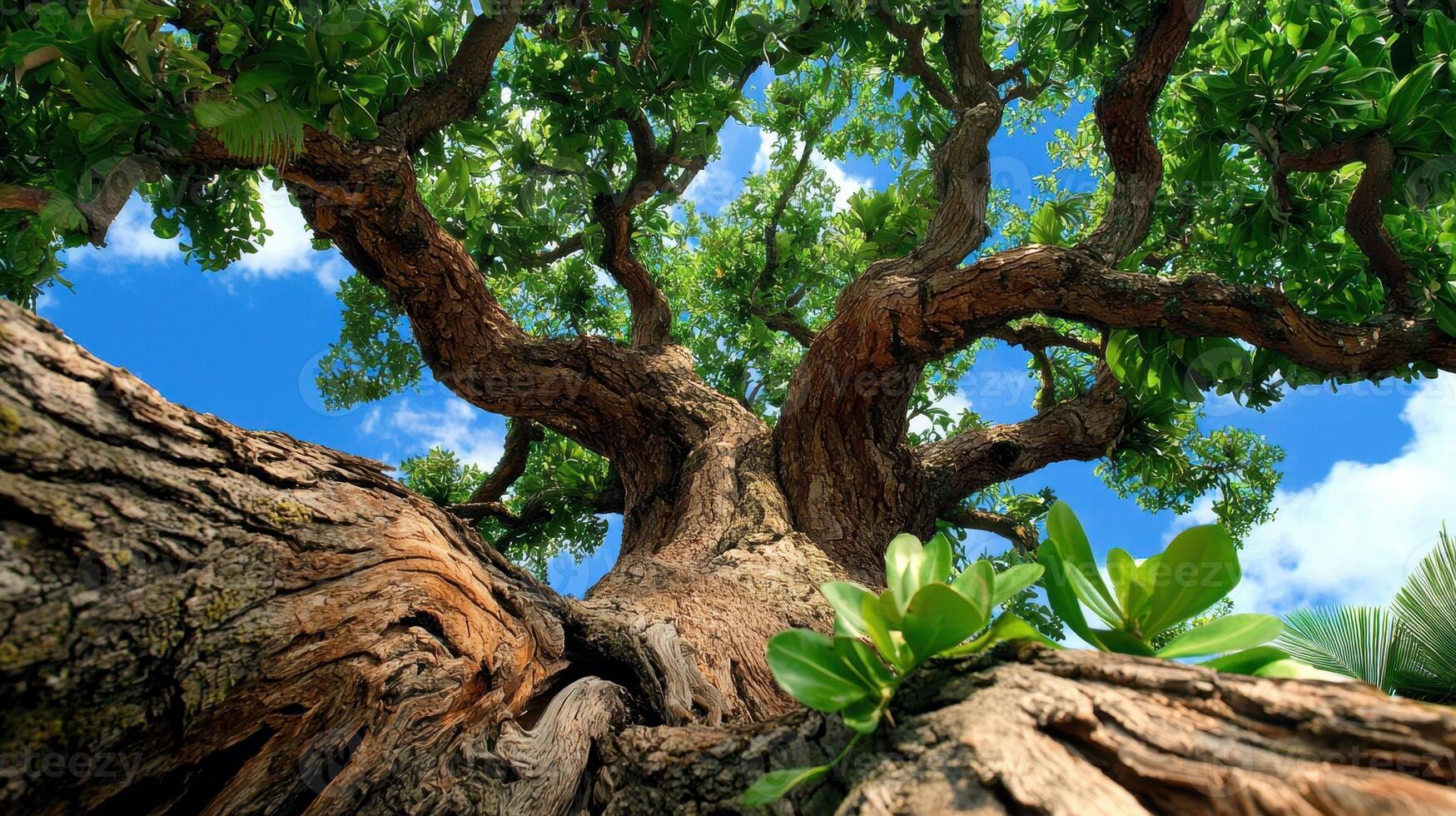 Ancient Tree with Lush Green Canopy Against a Vibrant Blue Sky photo