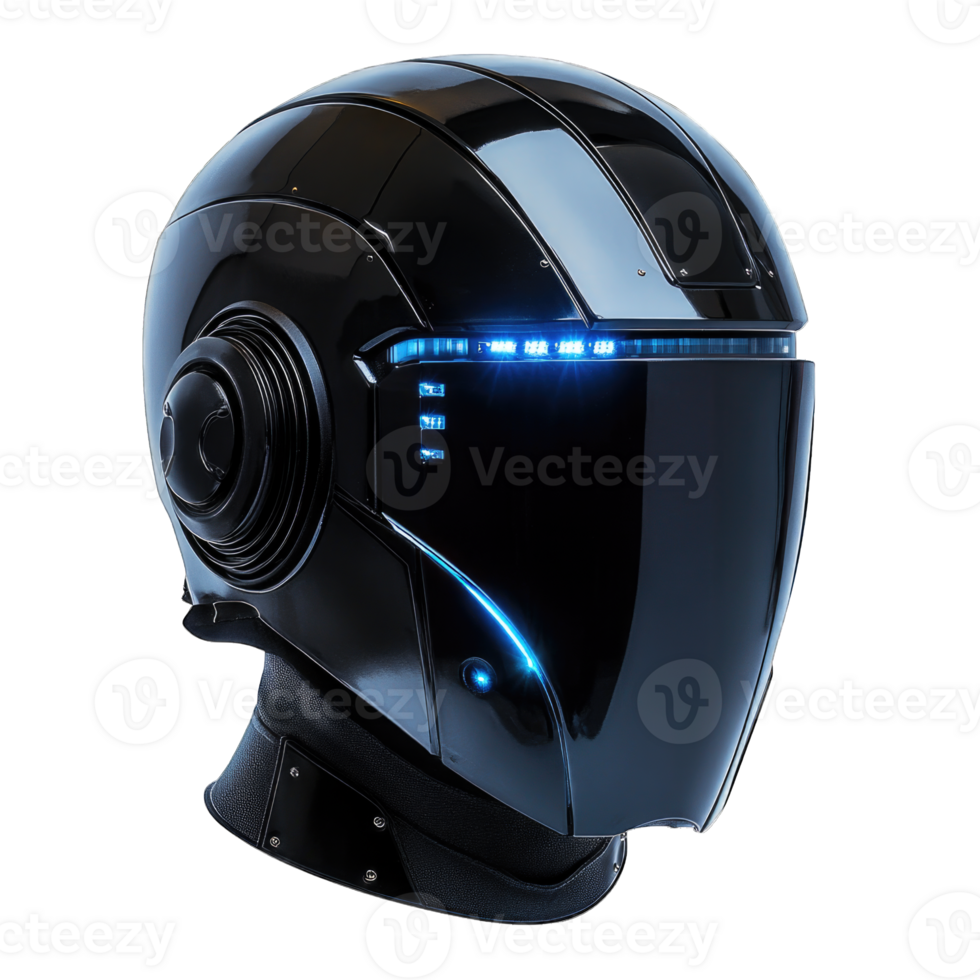 Futuristic black helmet with illuminated details isolated on transparent background cutout png