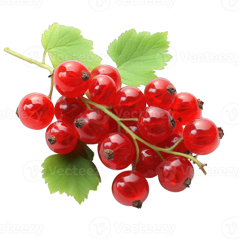 Fresh red currants with green leaves isolated on transparent background cutout png