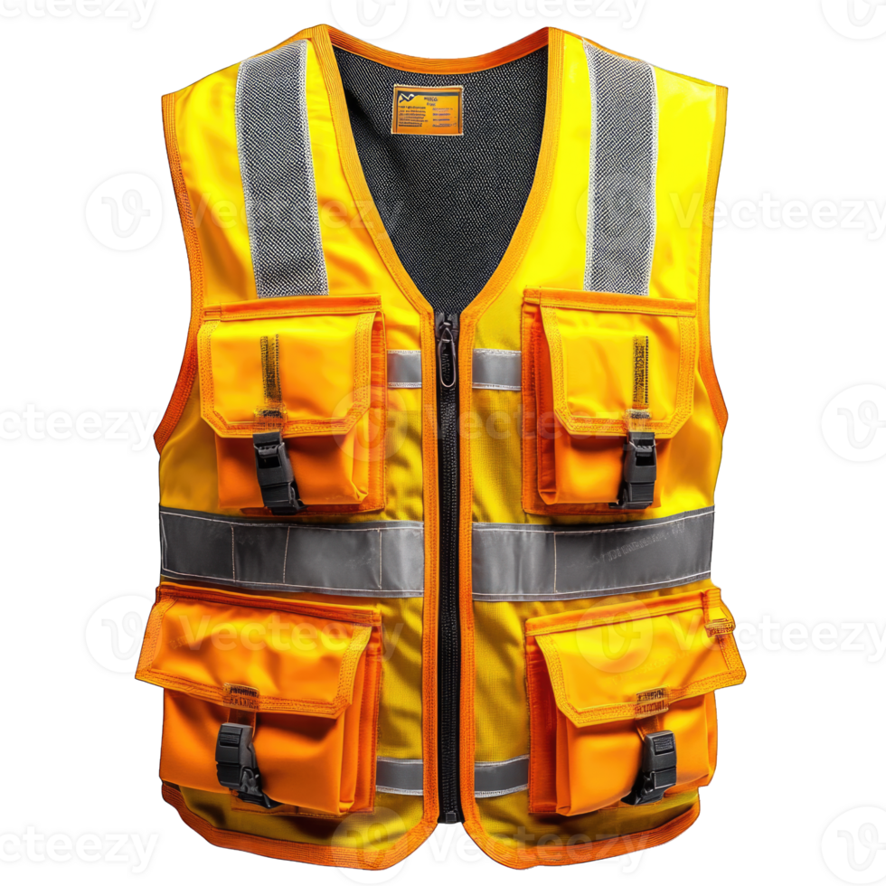 High visibility safety vest with multiple pockets and reflective strips isolated on transparent background cutout png