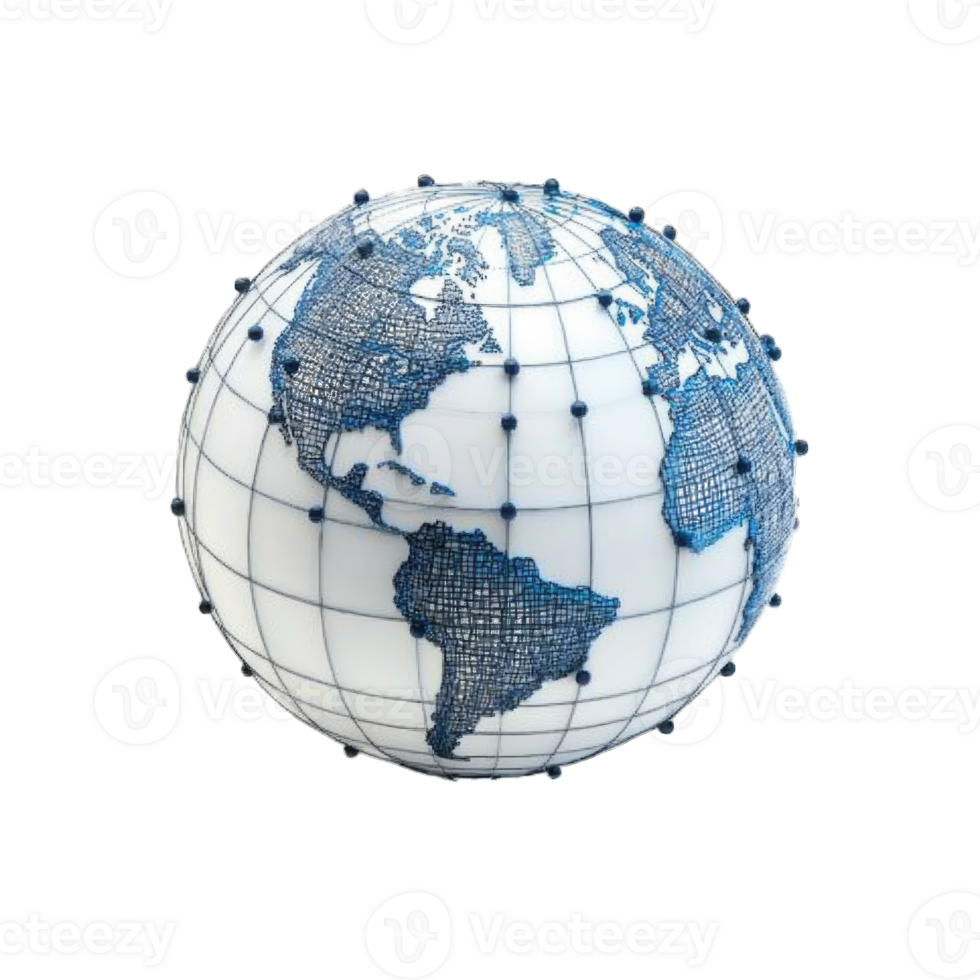 Globe illustration with blue grid and network nodes on transparent background png