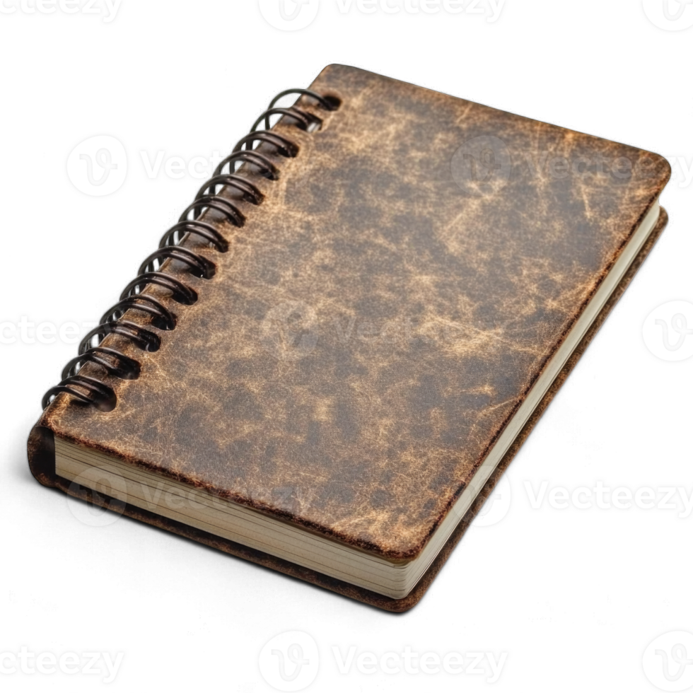 Vintage brown spiral notebook isolated on transparent background cutout png