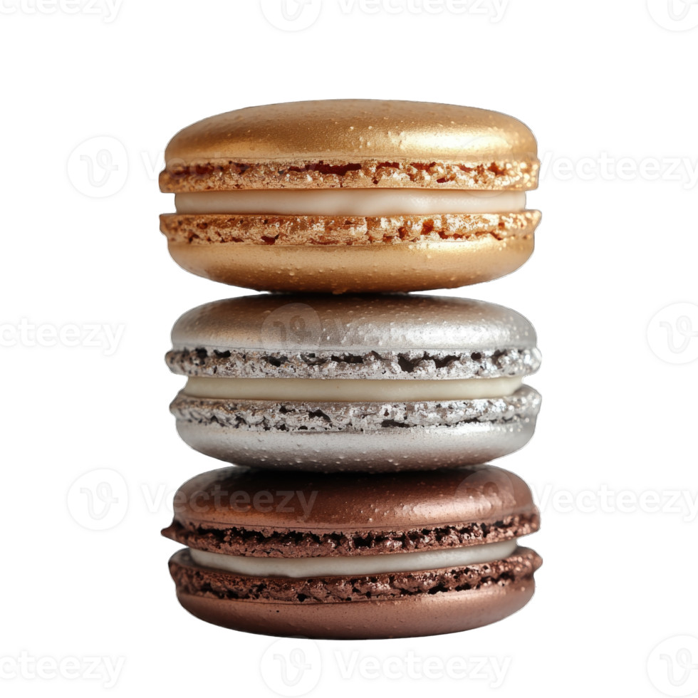 Gourmet macarons in gold, silver, and bronze colors stacked on top of each other, isolated on transparent background png