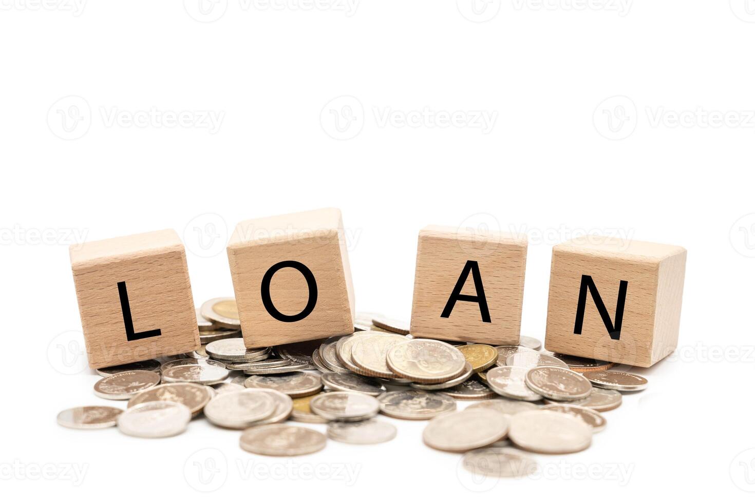 Loan Concept with Wooden Blocks and Coins Isolated on White Background. Financial Planning and Money Lending Idea. photo