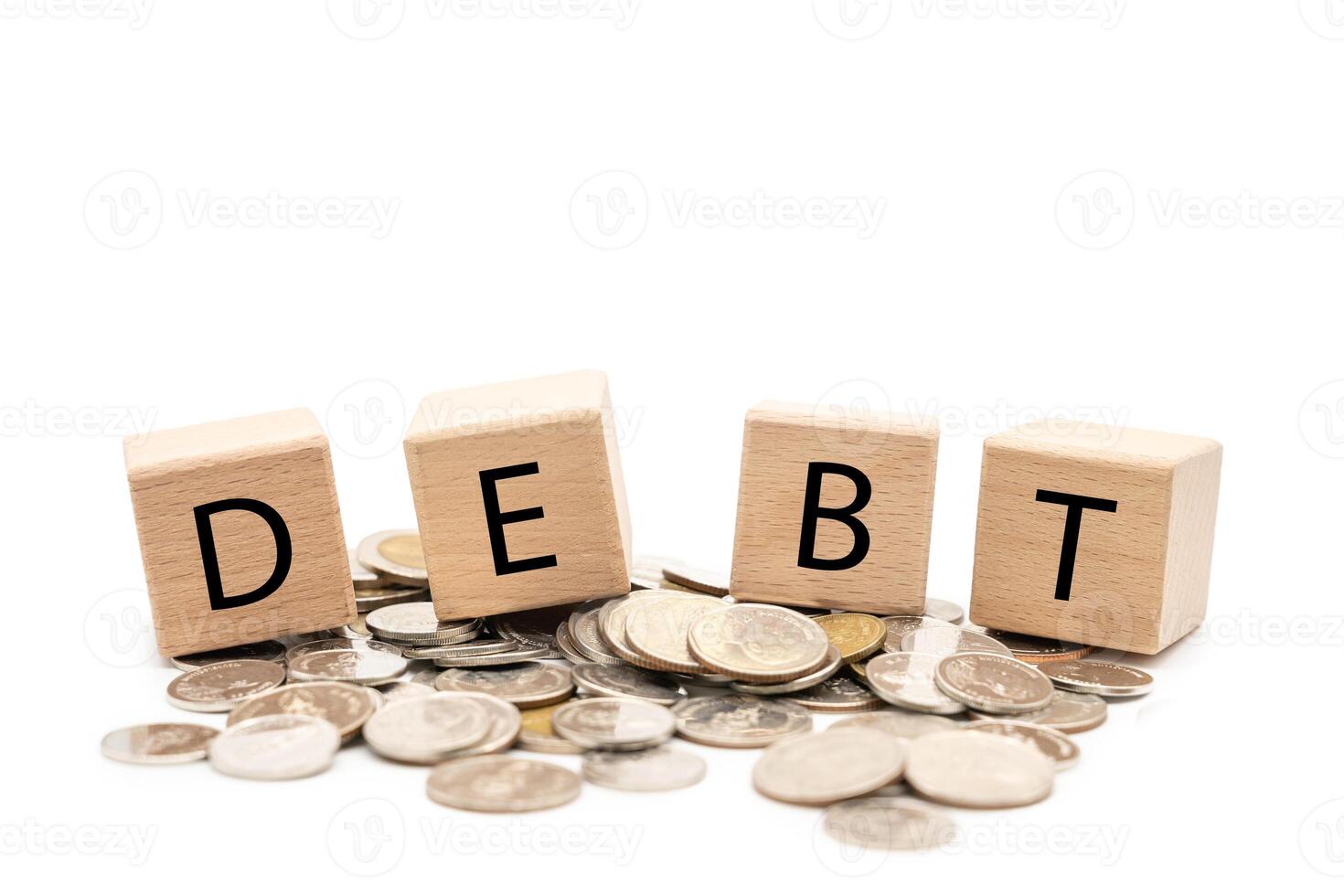Debt Concept with Wooden Blocks and Coins. Financial Crisis and Money Problem Symbol isolated on White Background. photo