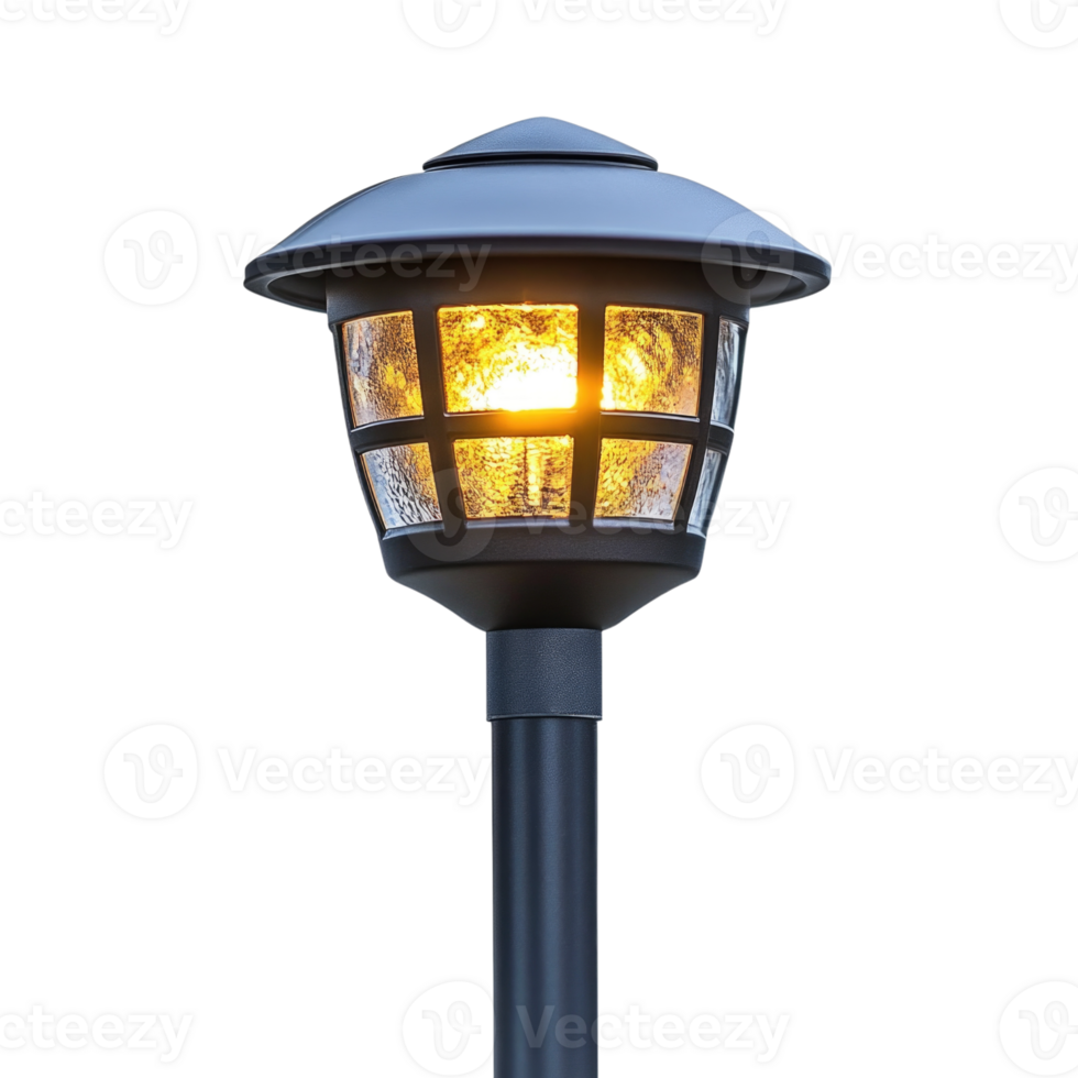 Stylish garden lantern with warm light glowing at dusk isolated on transparent background png
