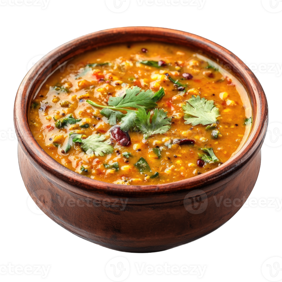 Warm and flavorful lentil soup with herbs in a traditional clay bowl isolated on transparent background cutout png