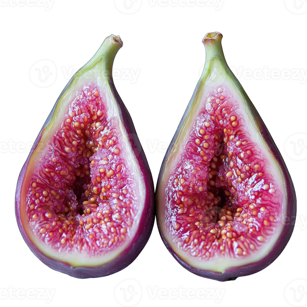 Fresh cut open fig showcasing vibrant pink flesh and tiny seeds isolated on transparent background cutout png