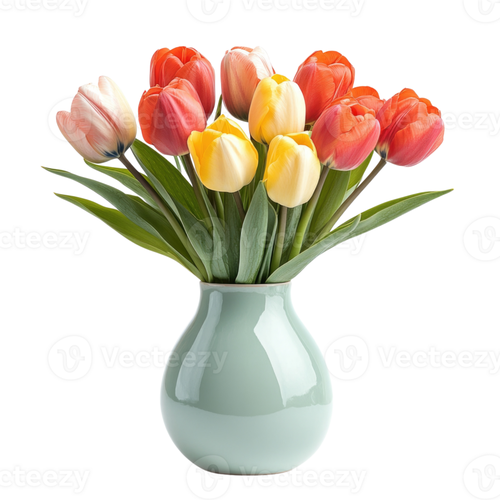 Vibrant bouquet of multicolored tulips in a simple green vase isolated on transparent background png