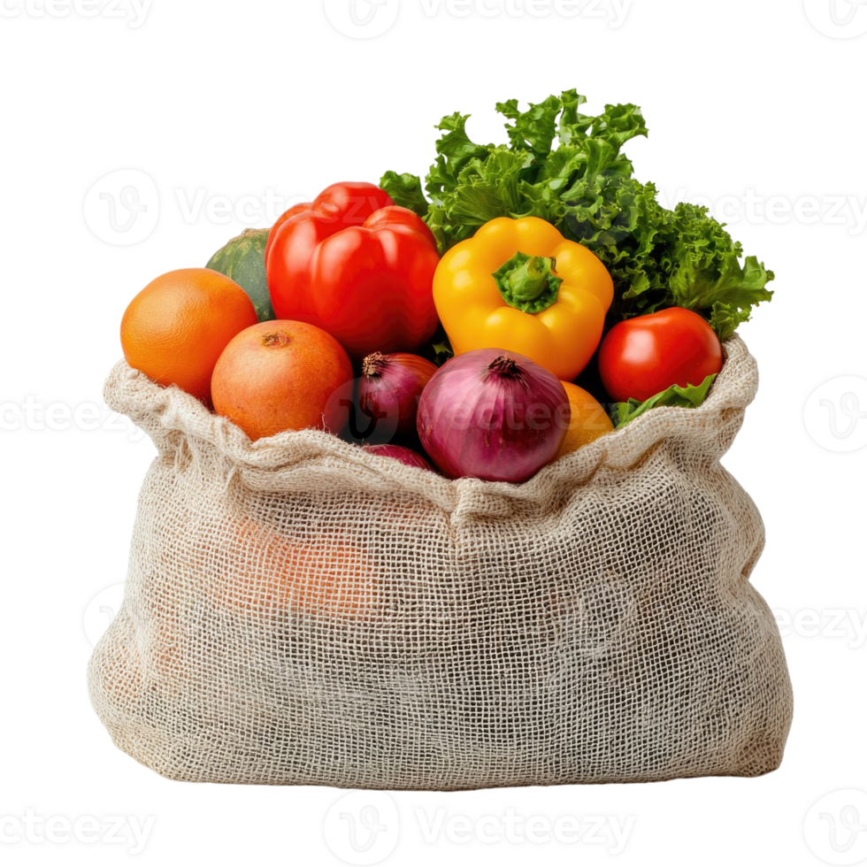 Fresh organic vegetables and fruits in burlap sack isolated on transparent background png
