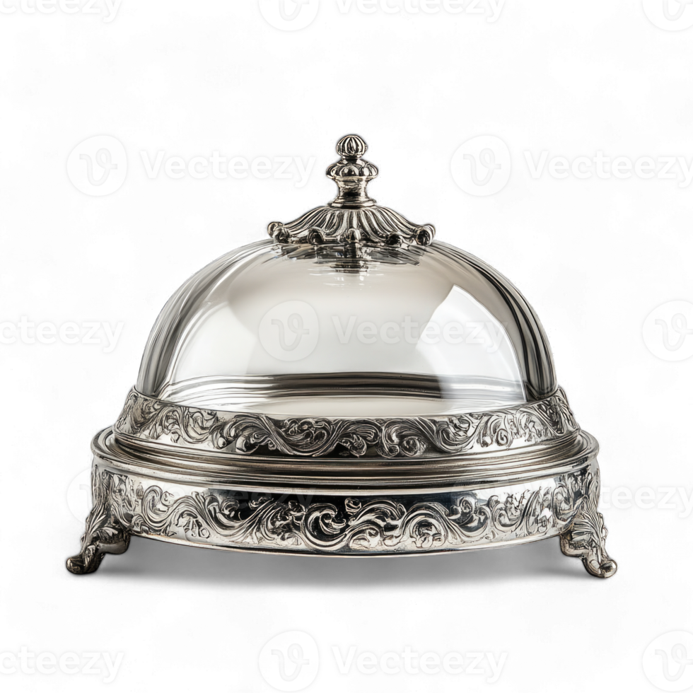Ornate silver dome food cover with glass top and detailed base isolated on transparent background png