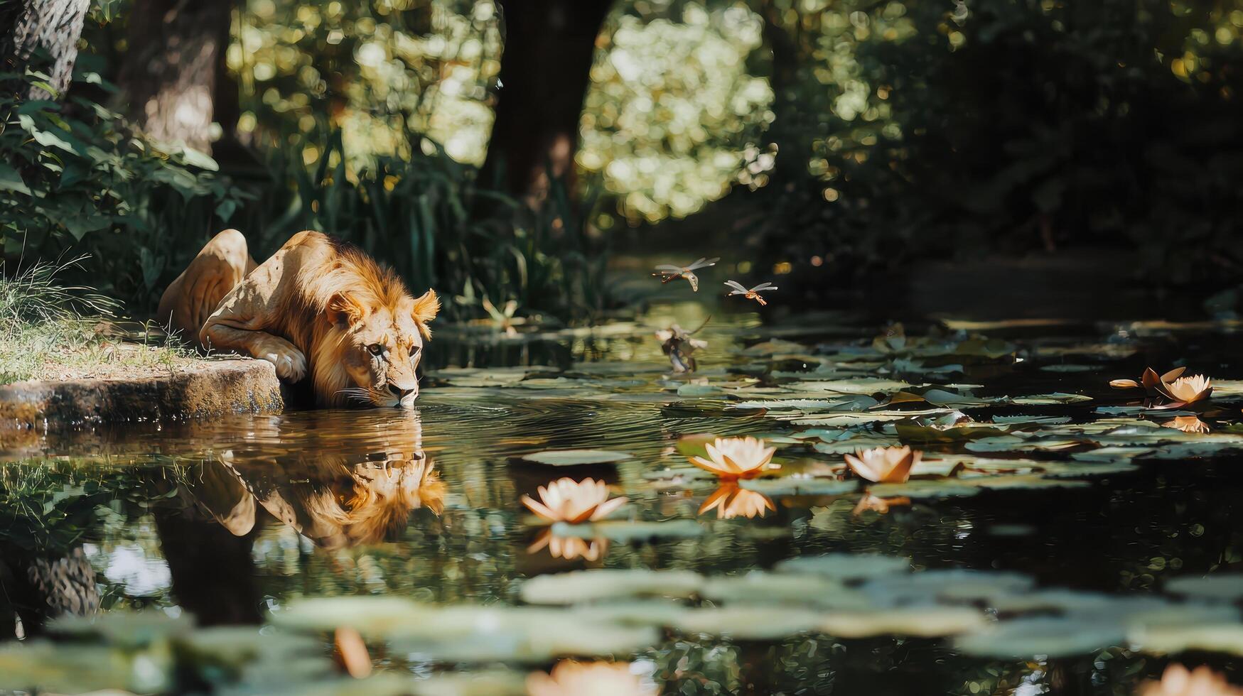 Majestic Lion Drinking Water from Calm Pond Surrounded by Lush Greenery and Beautiful Water Lilies in a Peaceful Natural Habitat photo