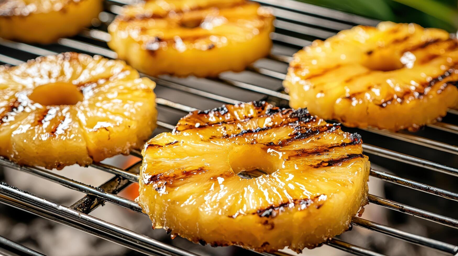 Grilled Pineapple Slices on a Barbecue Grill with Charred Marks Capturing a Summer Culinary Delight and Tropical Flavor for Outdoor Cooking Enthusiasts photo