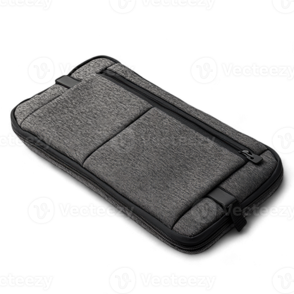 Stylish gray laptop sleeve with multiple pockets and a zipper for secure storage isolated on transparent background cutout png