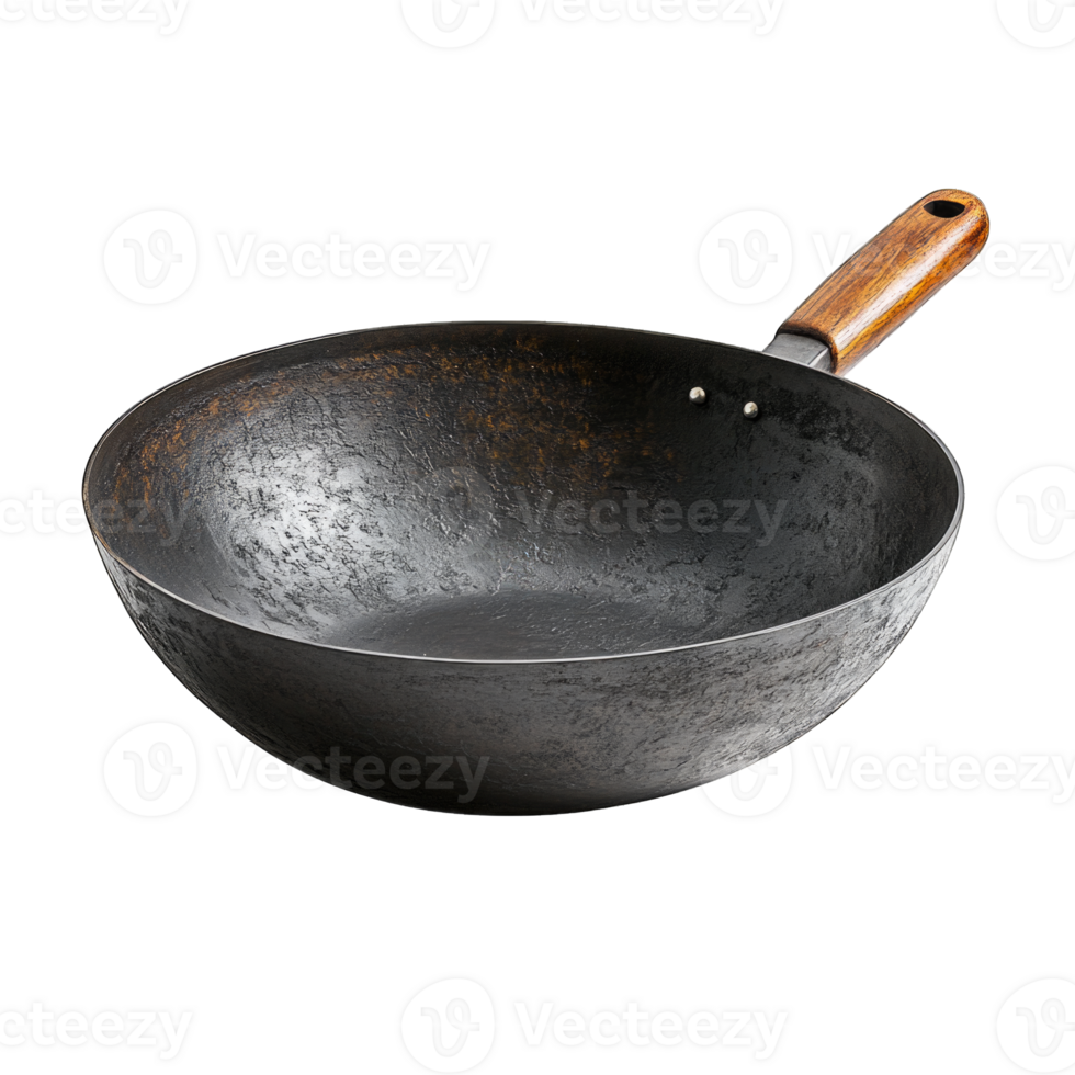 Traditional Chinese wok with wooden handle isolated on transparent background png