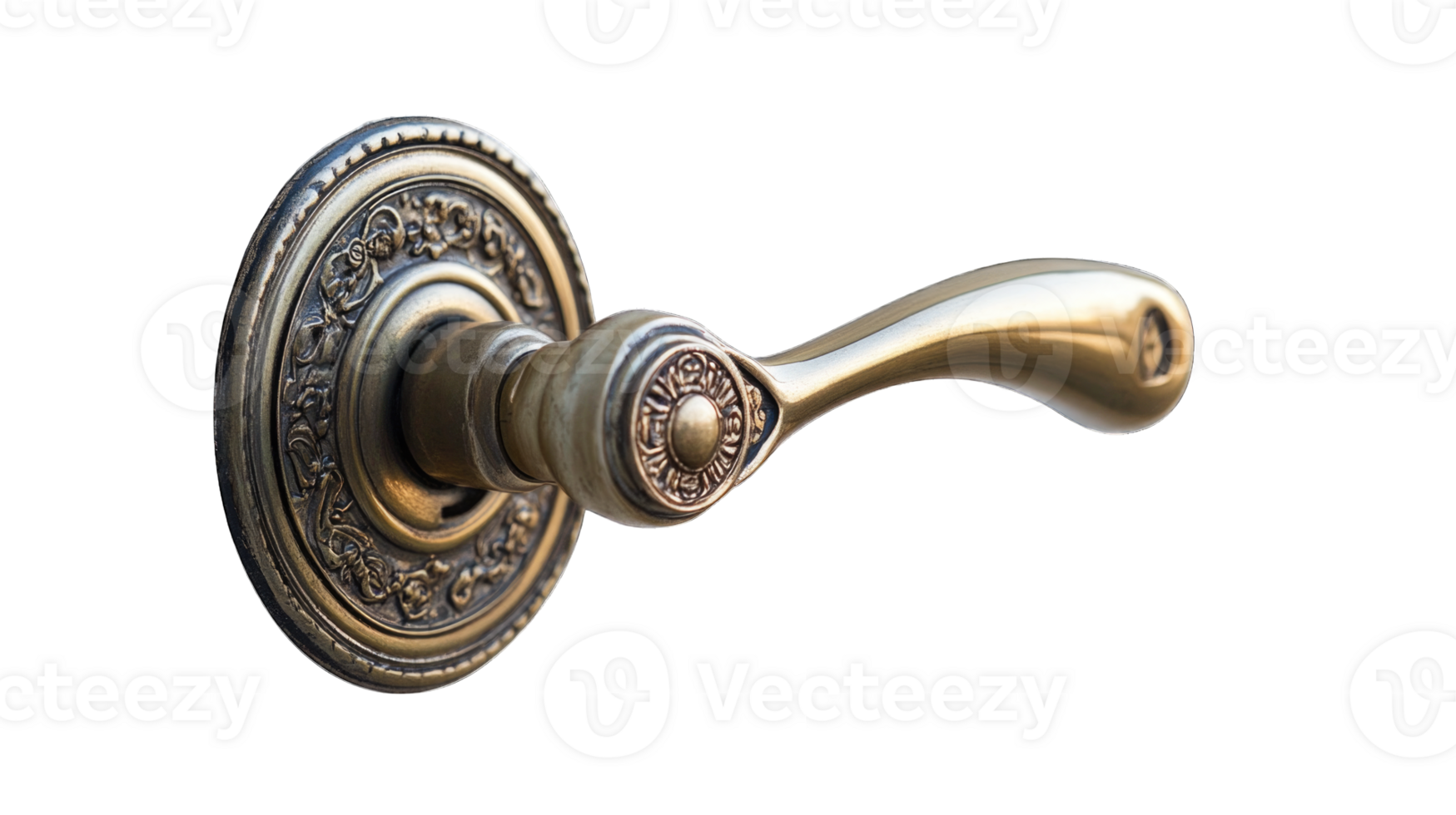Vintage brass door handle with ornate design isolated on transparent background cutout png