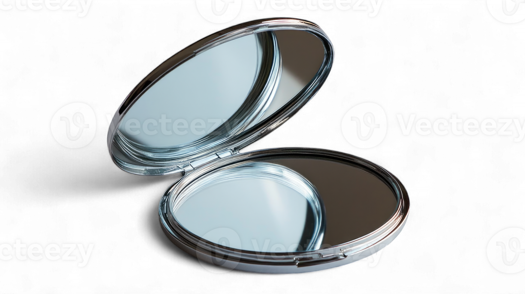 Round compact mirror with open lid reflecting light isolated on transparent background cutout png