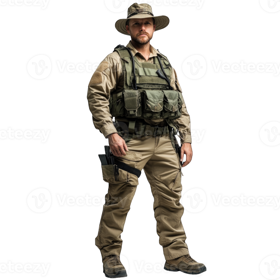 Tactical man in outdoor gear with tactical vest and hat isolated on transparent background png