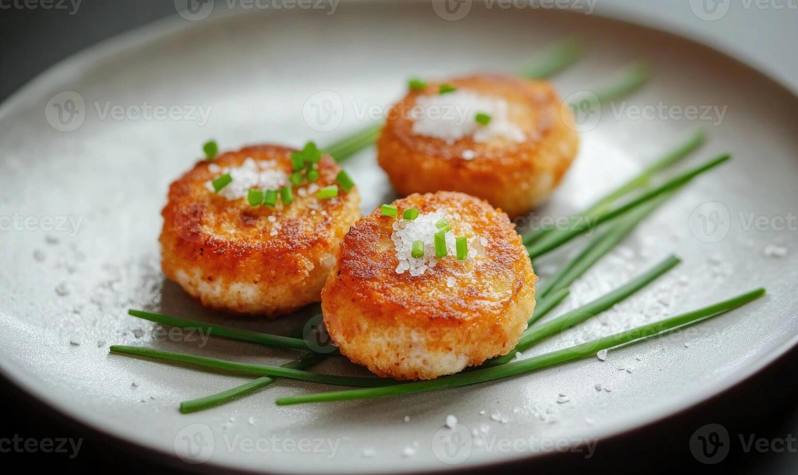 Three fried foods with salt and green herbs on a white plate photo