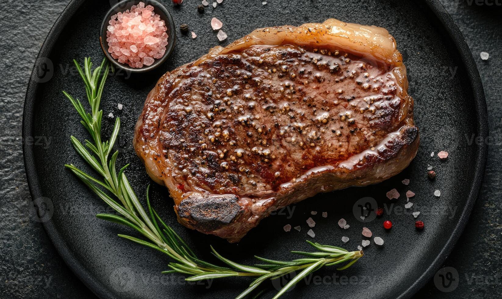 A piece of meat with a sprinkle of salt and pepper on top of a black plate photo