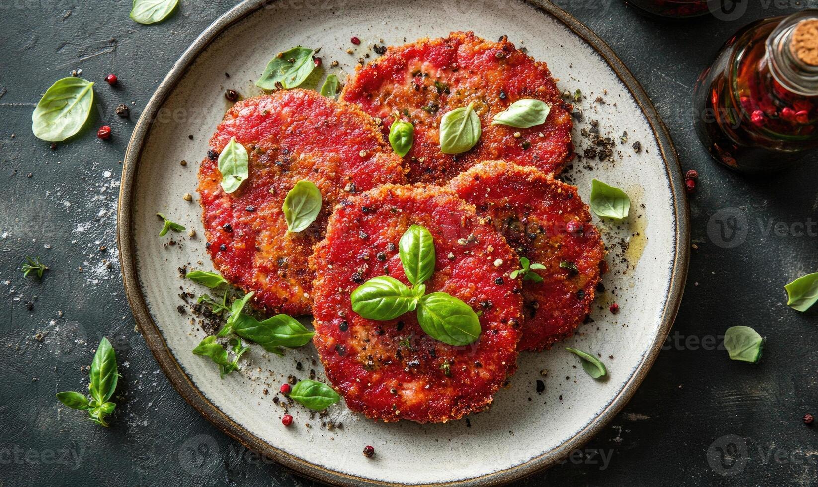 A plate of food with four meatballs and a bunch of basil photo