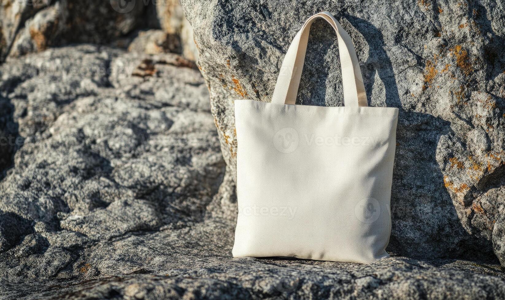 A white canvas bag is sitting on a rock, canvas bag mockup photo