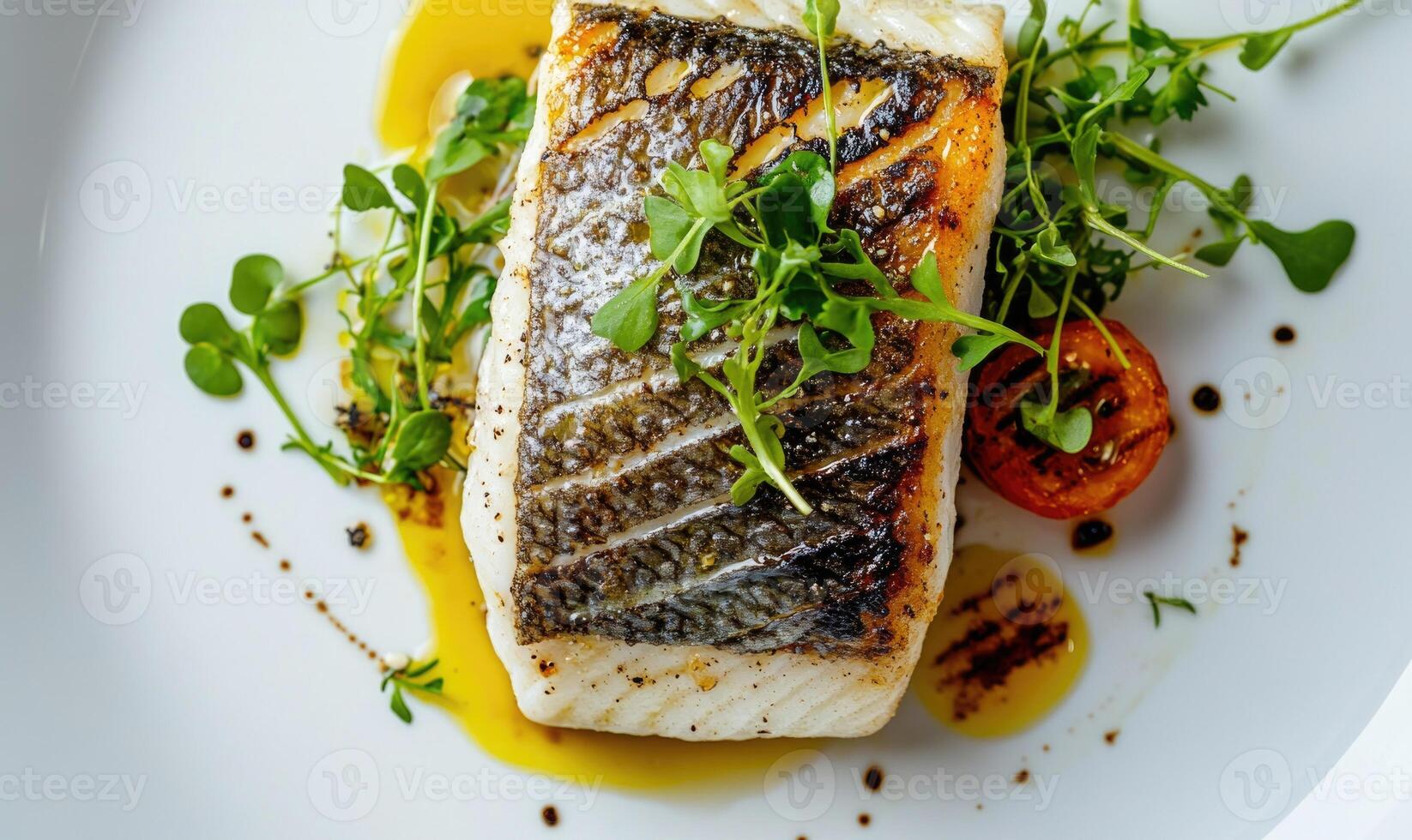 A fish fillet is served on a plate with a garnish of parsley photo