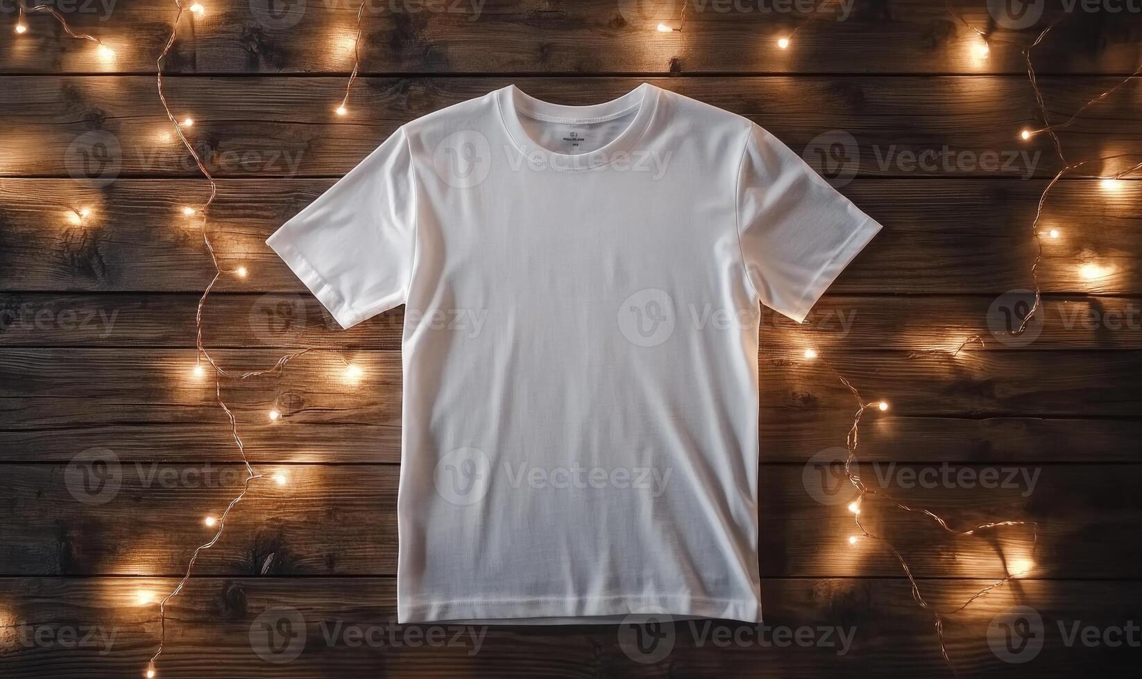 A white t-shirt is laying on a wooden table photo