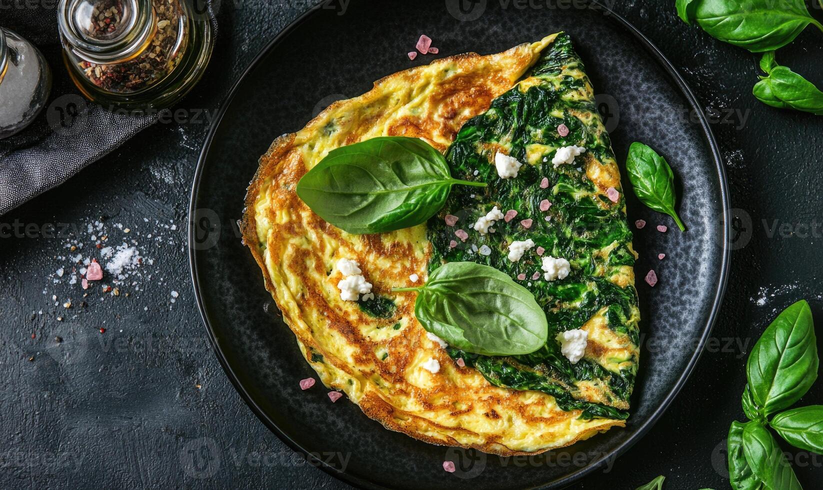 A plate of spinach and cheese omelet with a sprinkle of salt and pepper photo