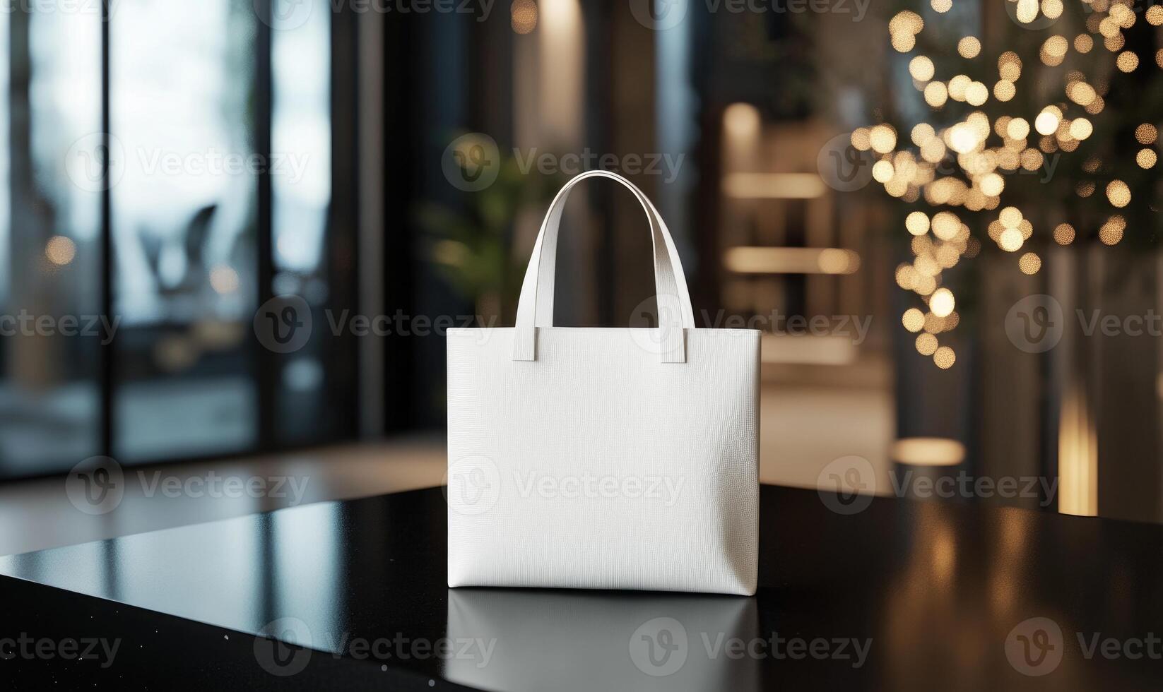 A white purse is sitting on a table in a room with a window photo