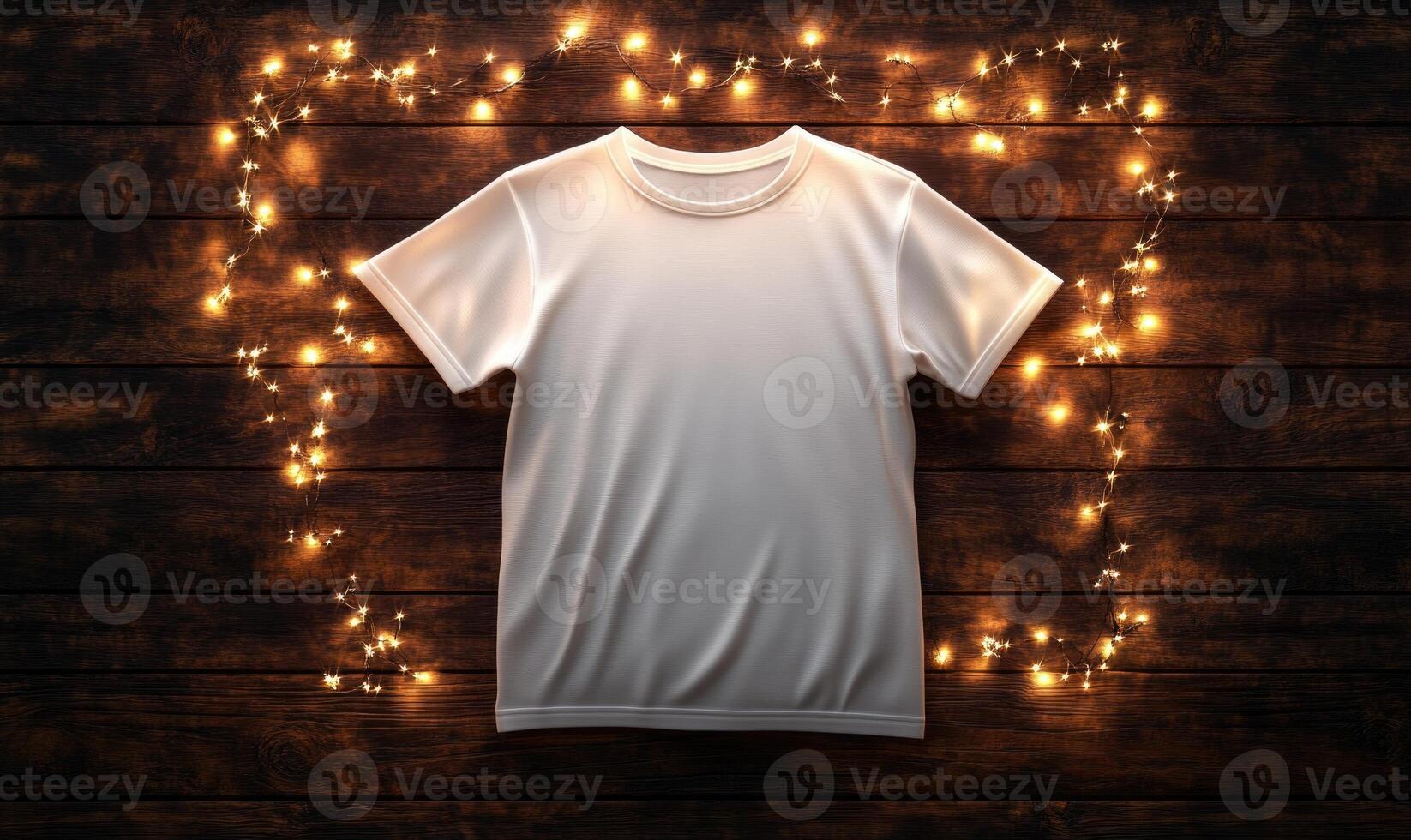 A white shirt is displayed on a wooden surface with lights surrounding it photo