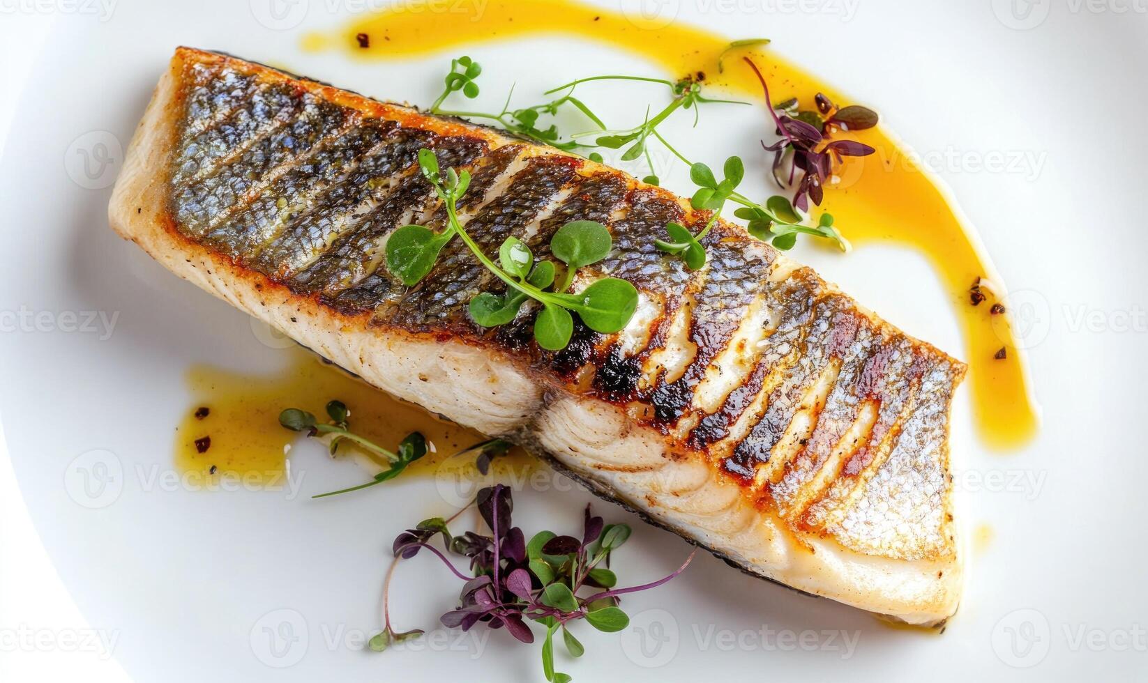 A piece of fish is on a white plate with a garnish of parsley photo