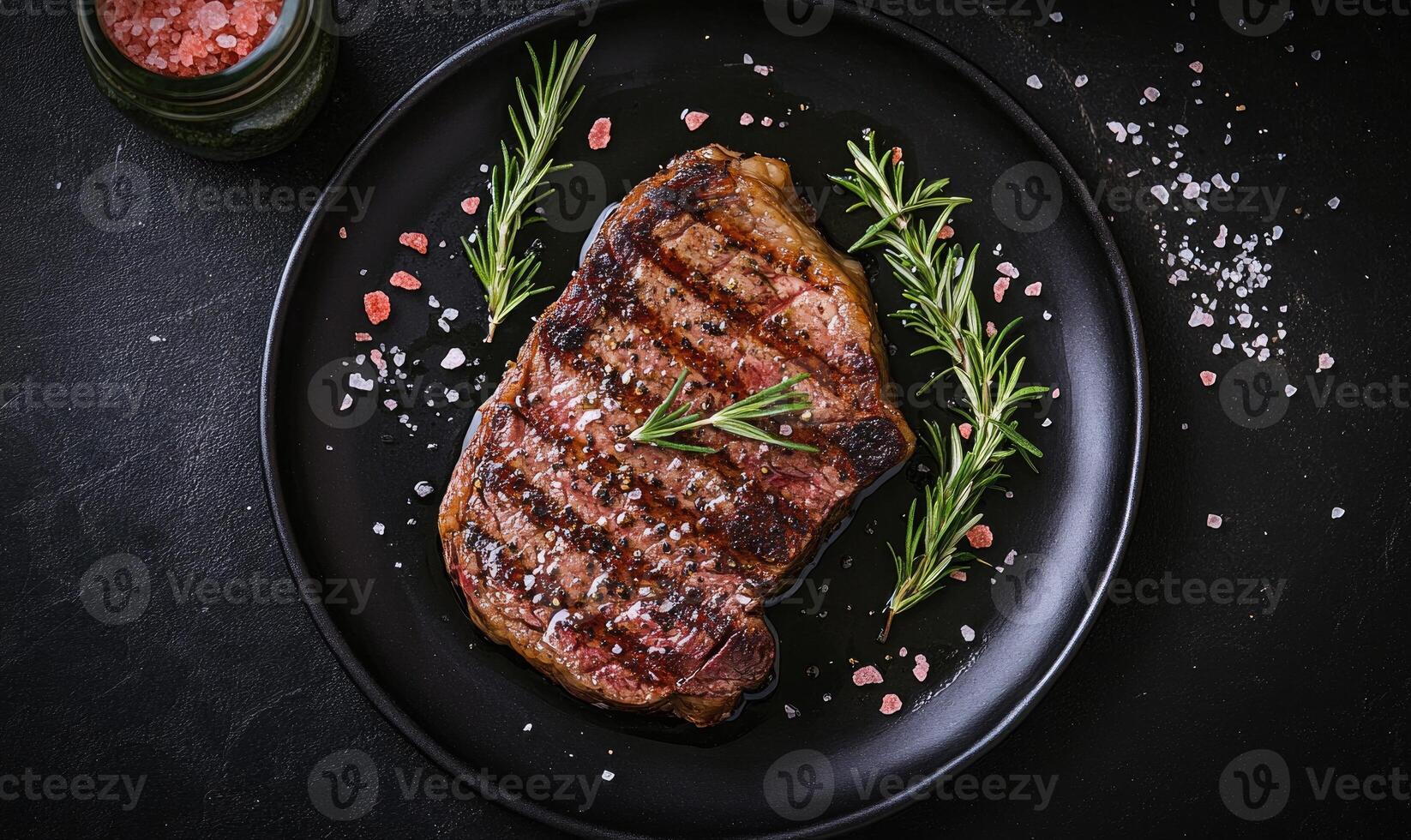 A steak is on a black plate with some herbs and salt photo