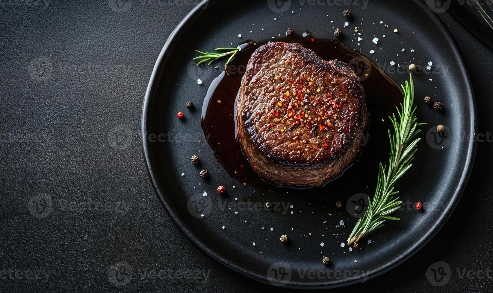 A piece of meat with a black plate and some herbs on it photo