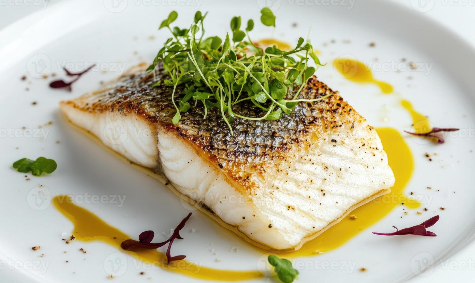 A piece of fish is served on a white plate with a garnish of parsley photo