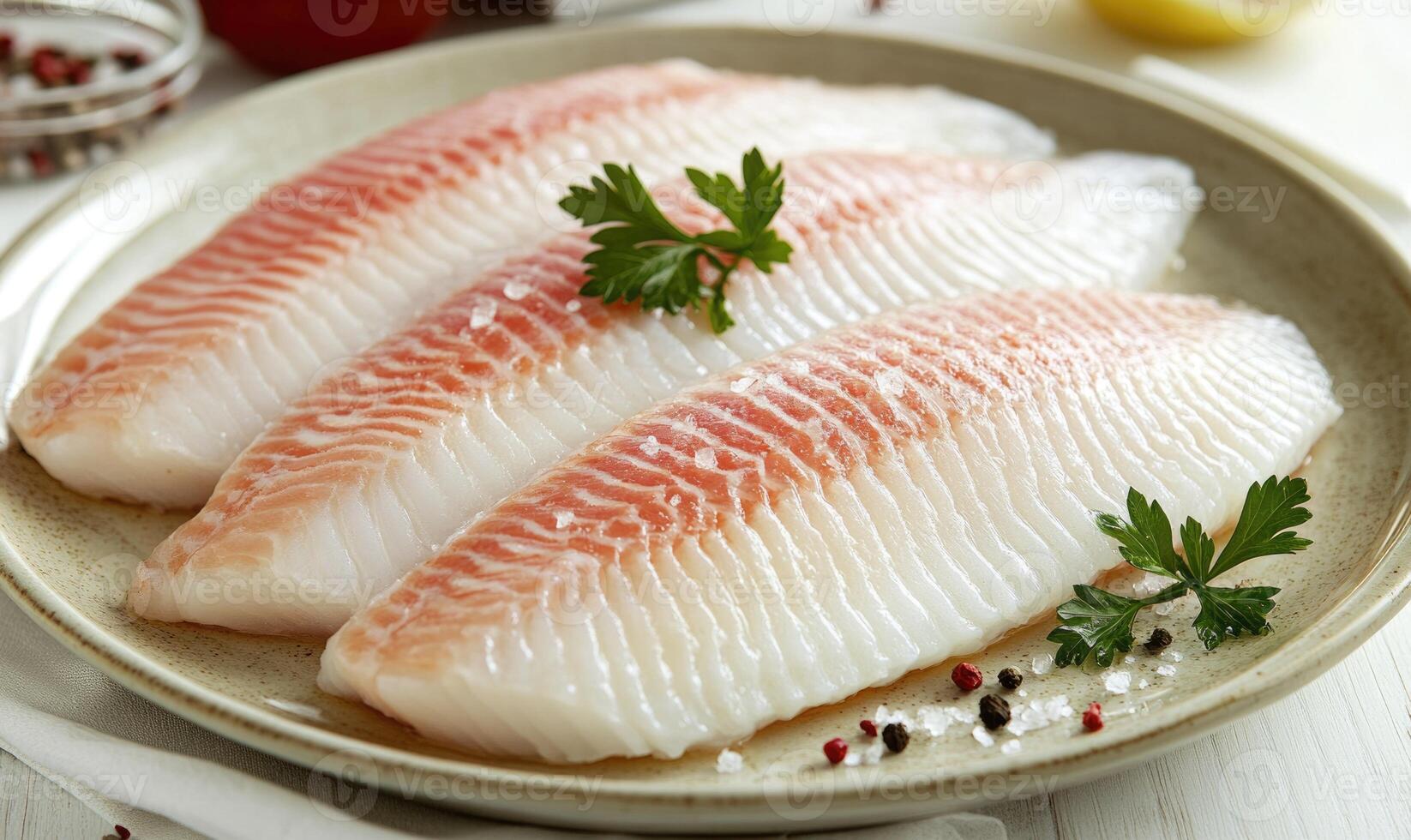 Three fillets of fish are on a plate with parsley and pepper photo