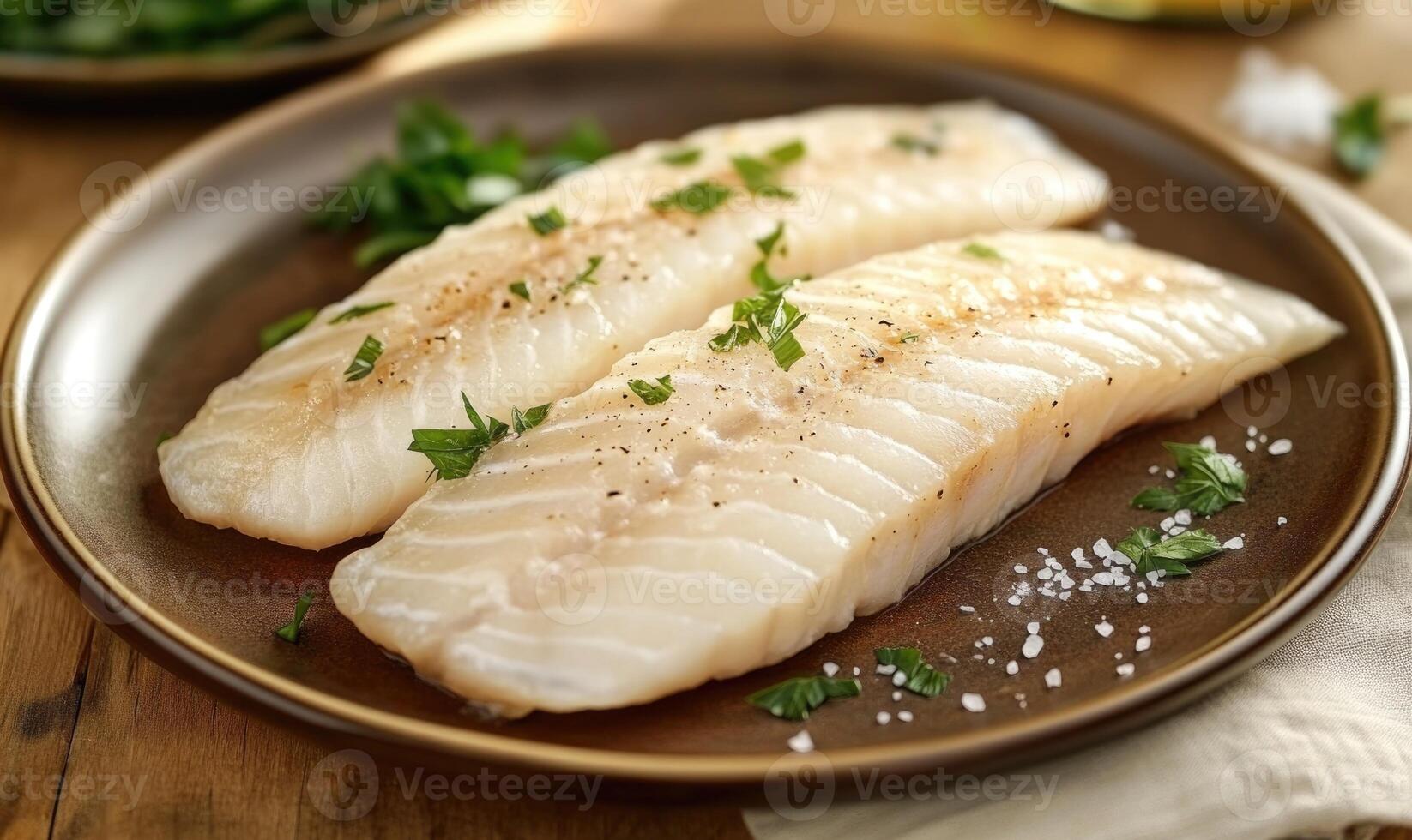 Two pieces of fish are on a plate with parsley and salt photo