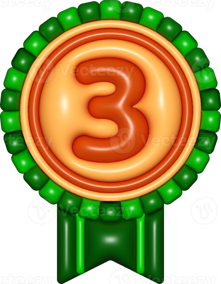 medal 3d sign, number 3 emblem copper brown for icons, certificate element, badge symbols png