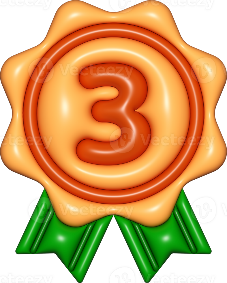 medal 3d sign, number 3 emblem copper brown icon, certificate element, badge symbols png