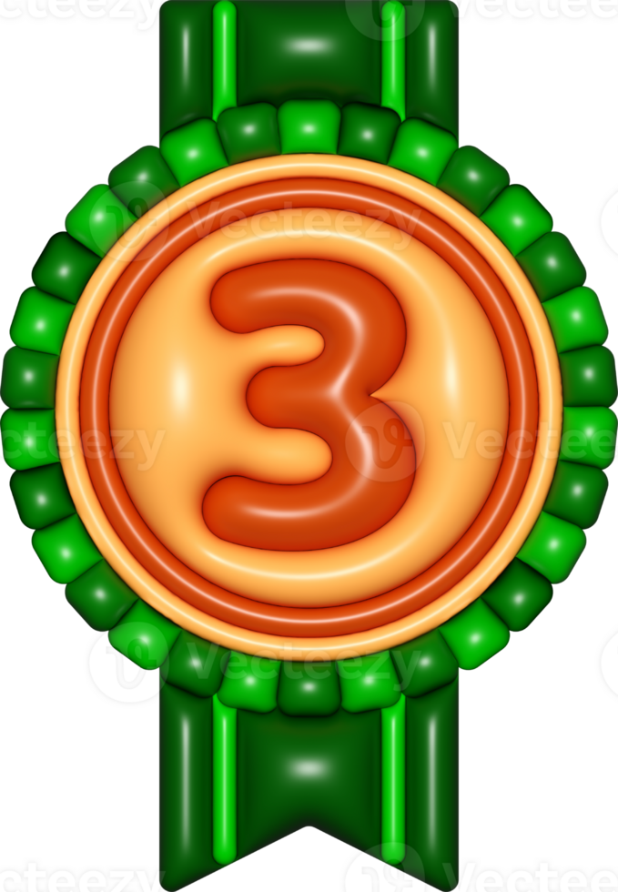medal 3d sign, number 3 emblem copper brown for icon, certificate element, badge symbols png