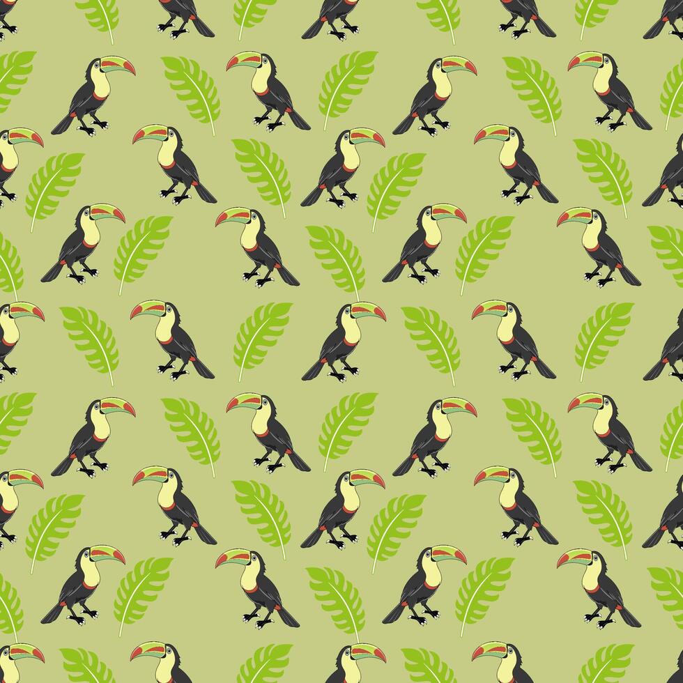 Tropical pattern with toucans and leaves vector
