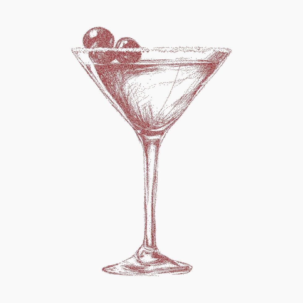 Hand drawn Italian style summer cocktail, cozy cafe drink with noisy gritty dot halftone effect. Vintage red ink sketch, retro pop art stipple illustrations for aperitivo menus. vector