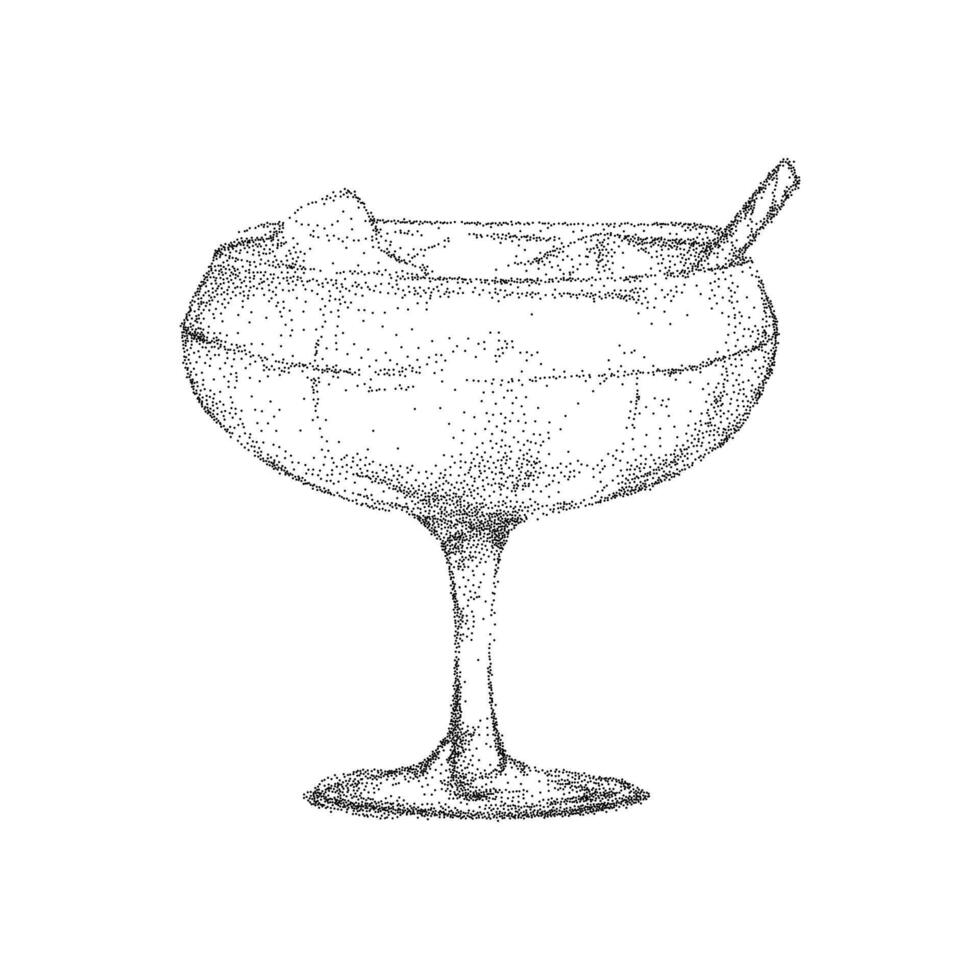 Hand drawn Italian style cocktail, drinks with noisy gritty dot halftone effect. Vintage ink sketch, retro pop art stipple texture for cafe banners. vector