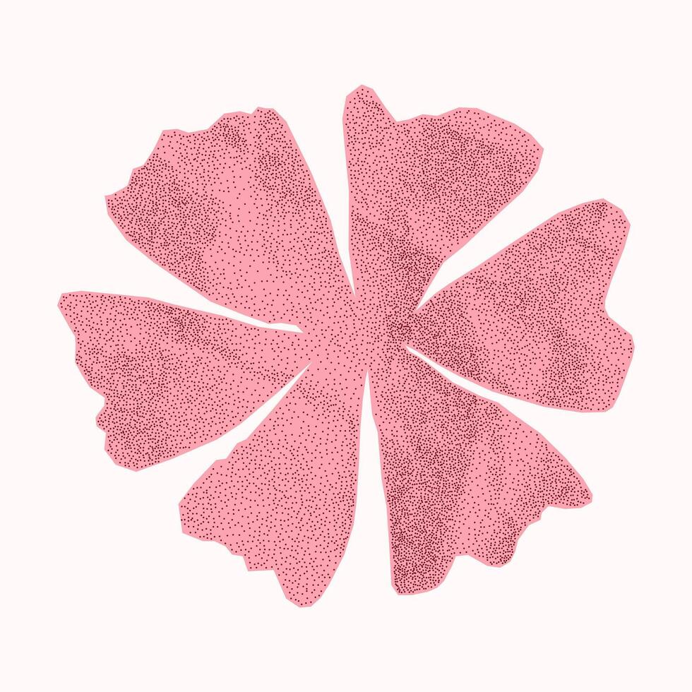 Simple crumpled paper pink flower shape on white background. Minimalistic sticker from notebook page with jagged torn edges, gritty dotted texture, halftone detail. vector