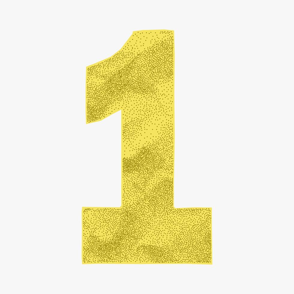 Colorful yellow number 1 with crumpled paper surface, torn edge detail. Fun sticker style in vibrant tones, cheerful hand cut cartoon aesthetic. vector