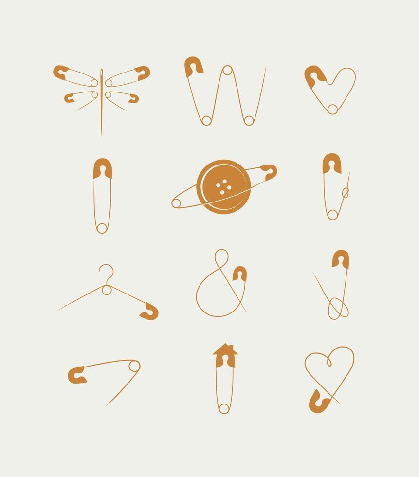 Safety pins collection in minimalist art style drawing on beige background vector