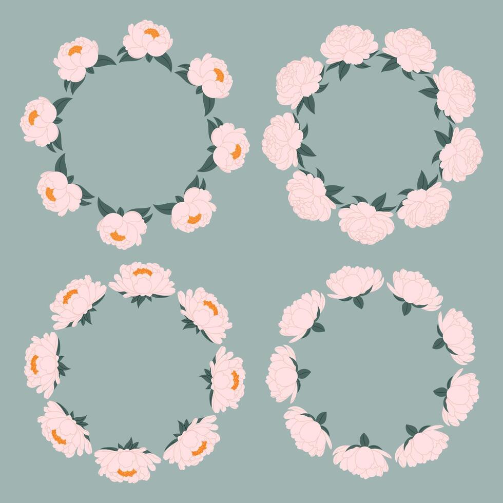 Set round peonies borders for design and decoration. Pink flower frame. For invitations, packaging, spring or summer cards. vector