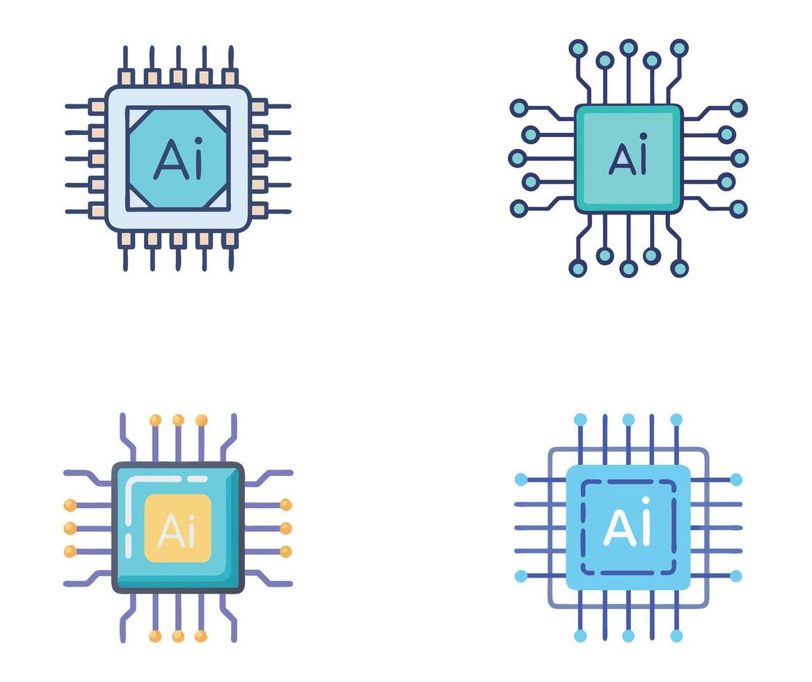 Four Illustrations of AI Microchips vector